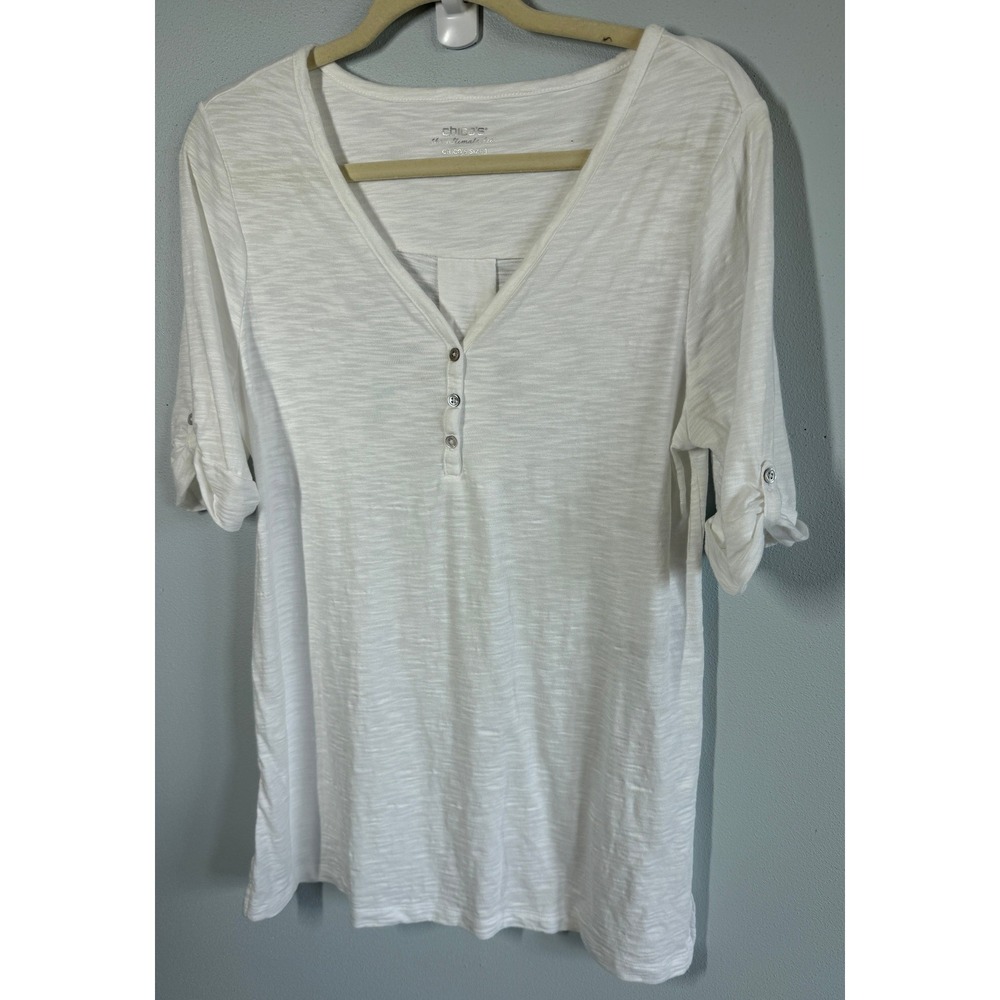 Chicos Ultimate Tee Size 1 (SIze M) White V-Neck Slub Knit Coastal Grandma